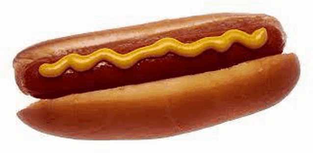 a hot dog with mustard on it on a white background .