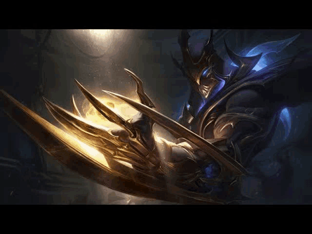 a league of legends character is holding a sword in his hands .