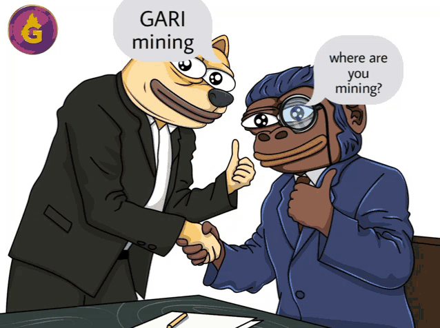 a cartoon of a doge and a gorilla shaking hands with the gorilla asking where the doge is mining