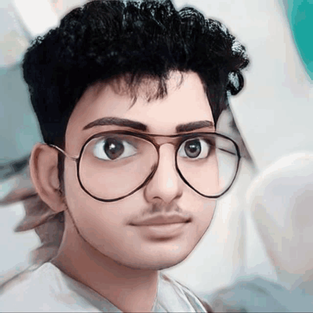 a young man wearing a pair of glasses that look like cartoon characters