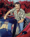 a man in a hawaiian shirt is sitting in a red convertible car