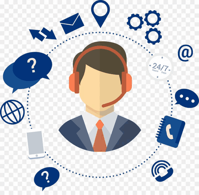 an illustration of a man wearing a headset that says 24/7 surrounded by icons