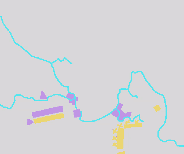 a drawing of a river with purple triangles and yellow squares on it