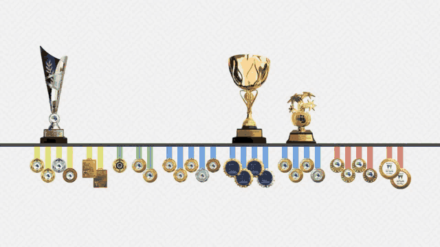 a row of trophies and medals with one that says ' winner '