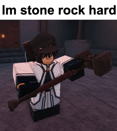 a cartoon character is holding a large hammer with the words im stone rock hard above him