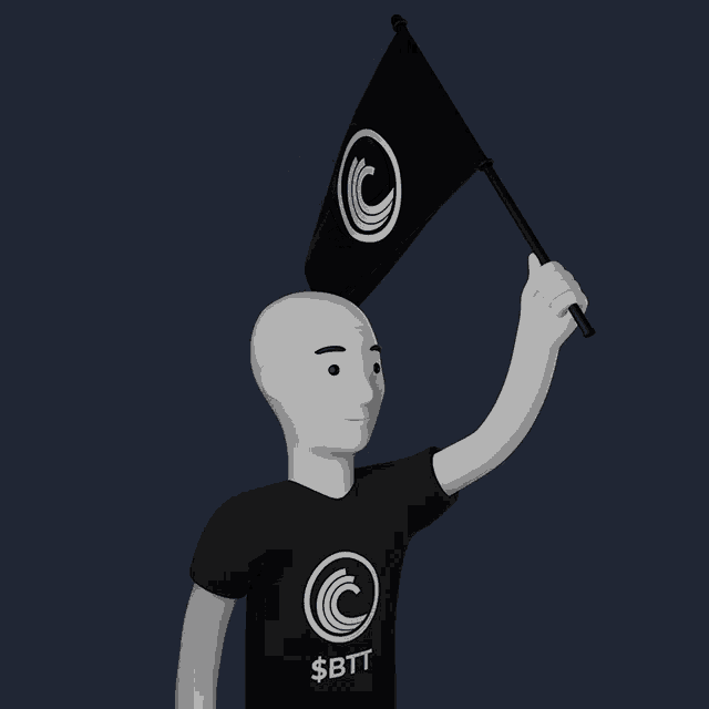 a cartoon character is holding a black flag with a $ btt logo on it