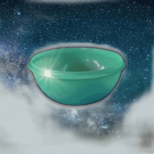 a green bowl is floating in the sky with stars in the background