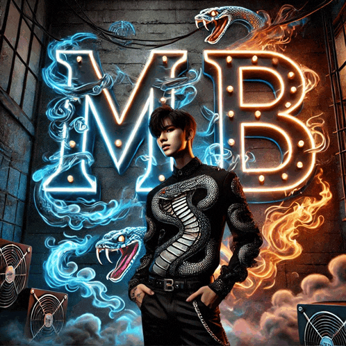 a man with a snake on his shirt stands in front of a neon sign that says mb