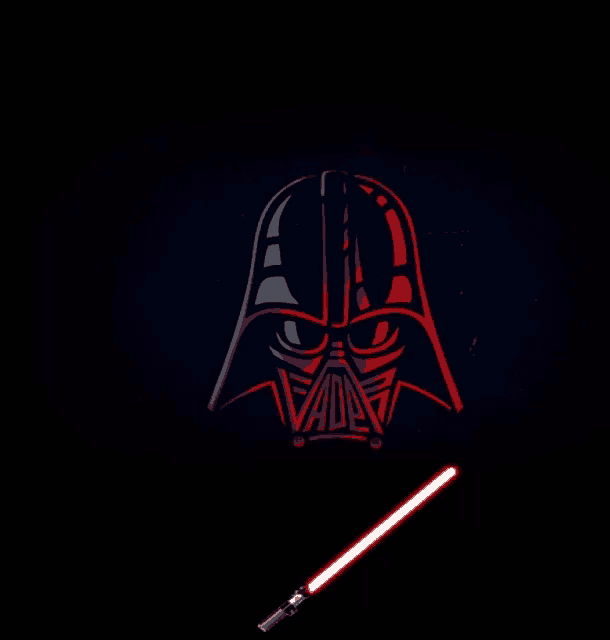 a darth vader helmet with a red light saber in front of it