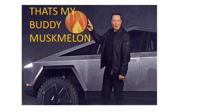 elon musk is standing in front of a car and pointing at a pumpkin