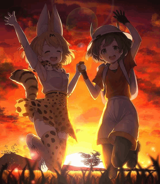 a couple of anime characters jumping in the air with a sunset in the background