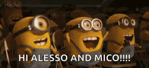 a group of minions are standing next to each other and one of them is saying hi alesso and mico