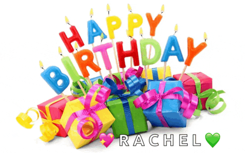 a birthday card for rachel with colorful candles and presents