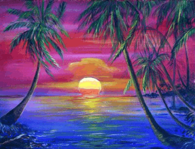 a painting of a sunset on a tropical beach with palm trees in the foreground .