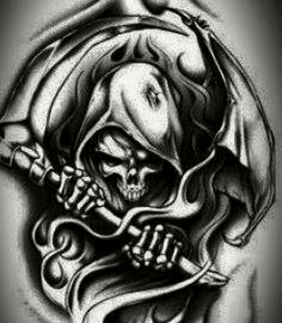 a black and white drawing of a grim reaper with a hood holding a bat .