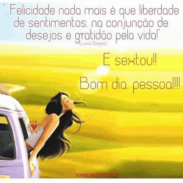 a cartoon of a woman leaning out of a van with a quote in portuguese