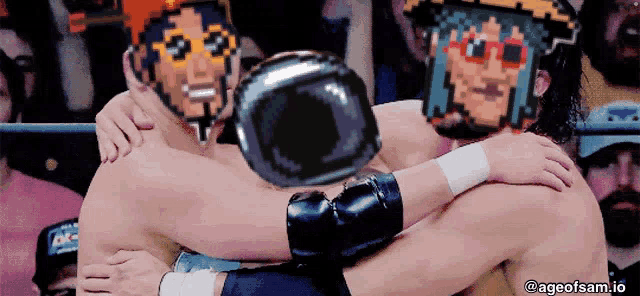 a pixel art of two wrestlers hugging each other with the words ageofsam.io at the bottom