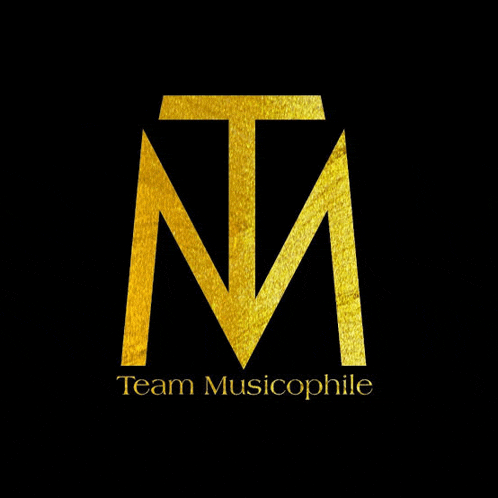 a logo for team musicophile with a gold letter m on a black background