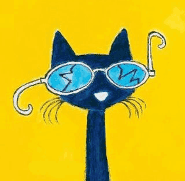 a black cat wearing blue sunglasses on a yellow background .