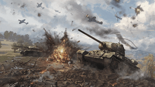 a painting of a battle scene with planes flying over a destroyed tank