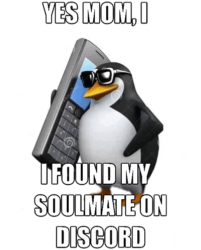 a penguin wearing sunglasses is holding a cell phone and says " yes mom i found my soulmate on discord "