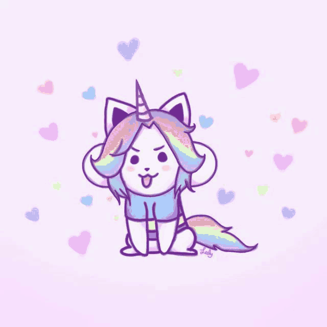 a drawing of a unicorn dog with hearts in the background