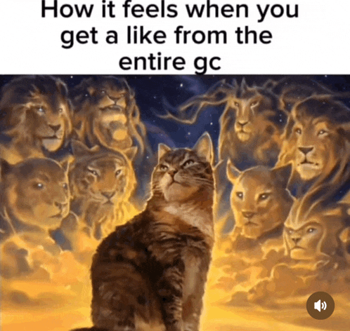 a painting of a cat surrounded by lions with the caption how it feels when you get a like