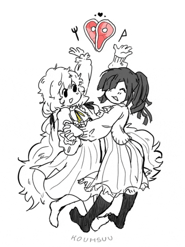 a drawing of two girls holding a piece of meat