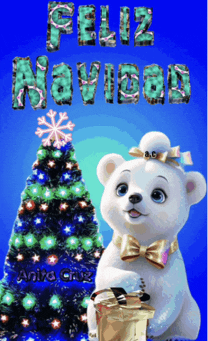 a christmas card with a teddy bear and a christmas tree