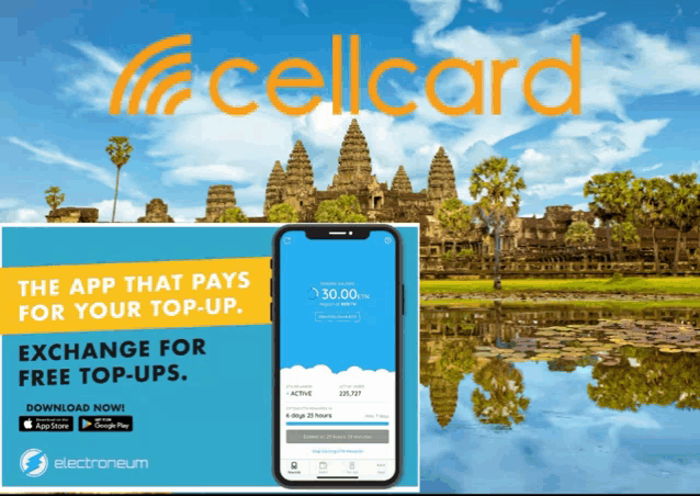 an advertisement for cellcard shows a phone next to an ancient temple