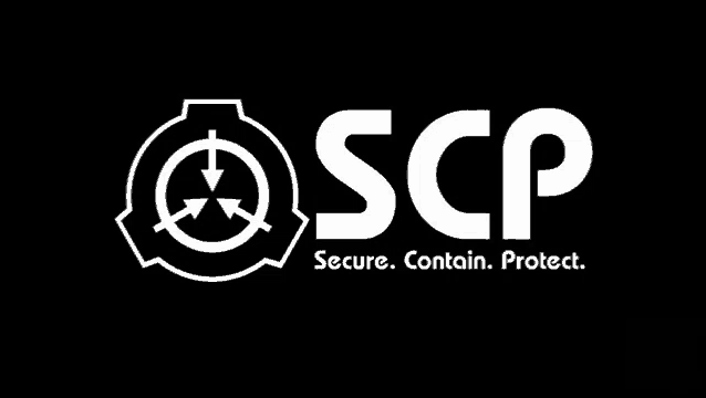 a white scp logo with a black background