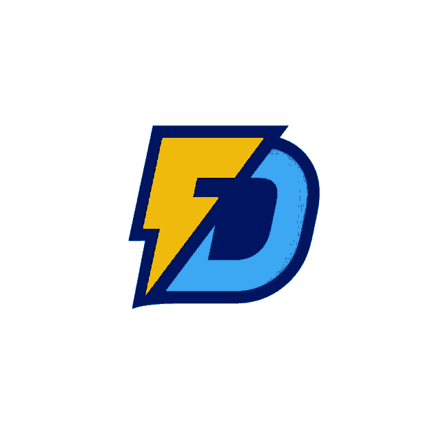 a blue and yellow logo with the letter d and a lightning bolt on it