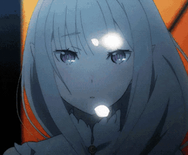 a girl with white hair and blue eyes has a glowing light on her face