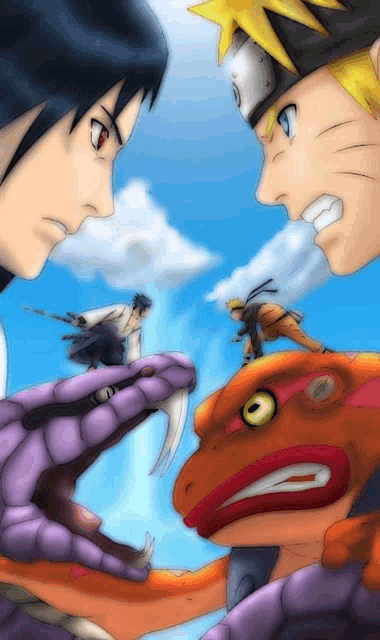 naruto and sasuke are fighting a snake in a cartoon