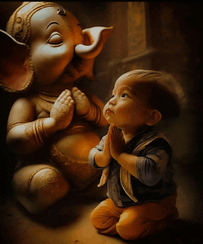 a little boy kneeling in front of a statue of a baby elephant