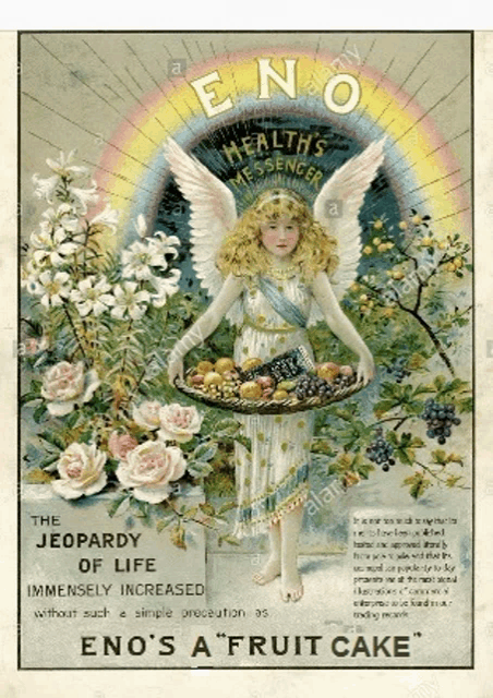 an advertisement for eno 's fruit cake shows a little girl with wings holding a basket of fruit