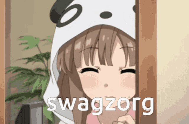 a girl wearing a panda hat is peeking out of a door and the word swagzorg is on the bottom