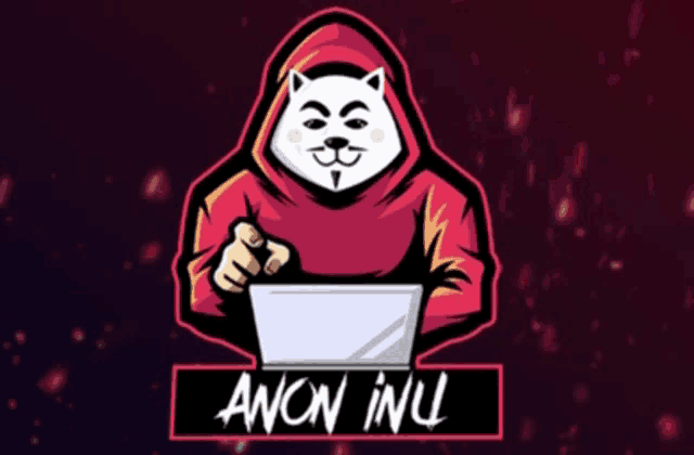 a logo for anon inu shows a cat in a red hoodie holding a laptop