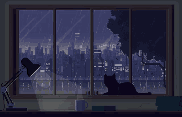 a black cat sits on a window sill in front of a city skyline at night