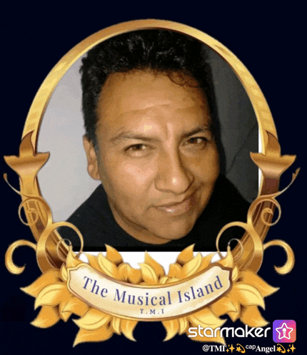 a picture of a man in a gold frame with the words " the musical island " on it