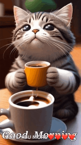 a cat is holding a cup of coffee with the words good morning on the bottom