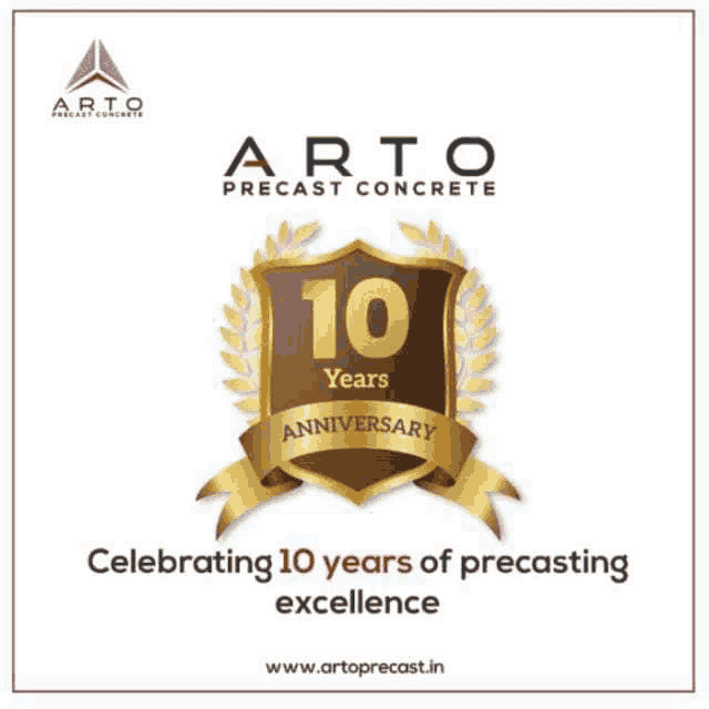 a logo for arto precast concrete celebrates 10 years of precasting excellence