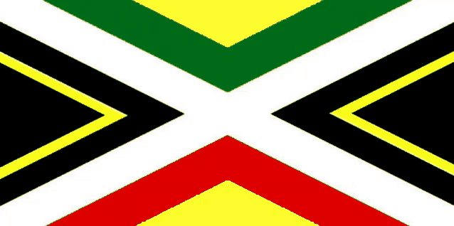 a flag with a cross in the middle and a red yellow and green triangle