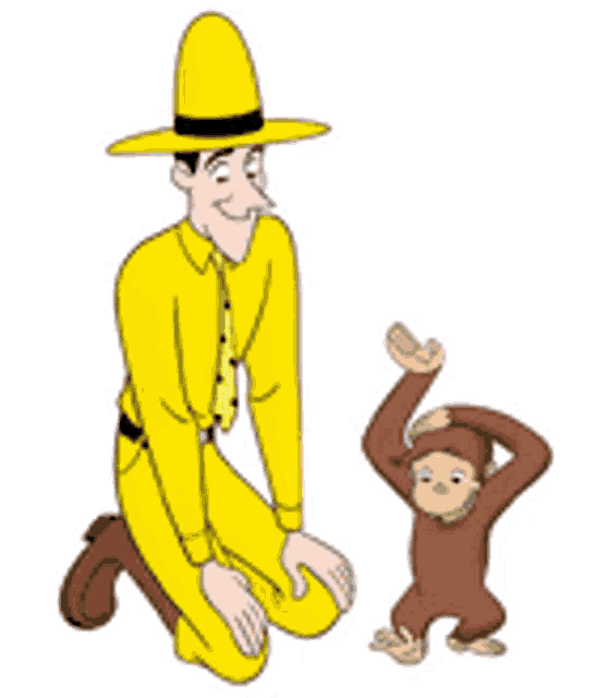 a man in a yellow hat kneeling down next to a monkey