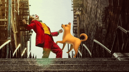 a man dressed as the joker is dancing with a dog on the stairs