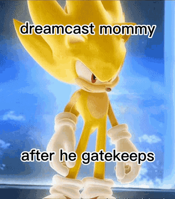 a picture of sonic the hedgehog with a caption that says dreamcast mommy after he gatekeeps