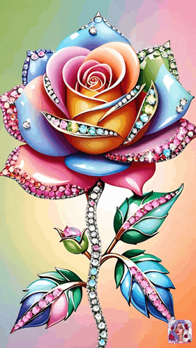 a painting of a colorful rose surrounded by rhinestones