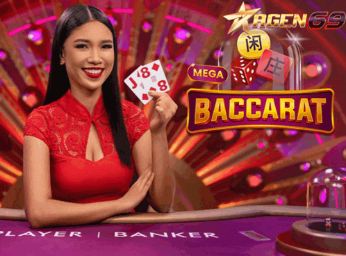 a woman in a red dress holds a pair of cards in front of a baccarat sign