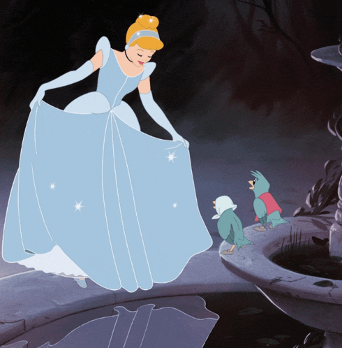 cinderella is standing on a bridge with two birds