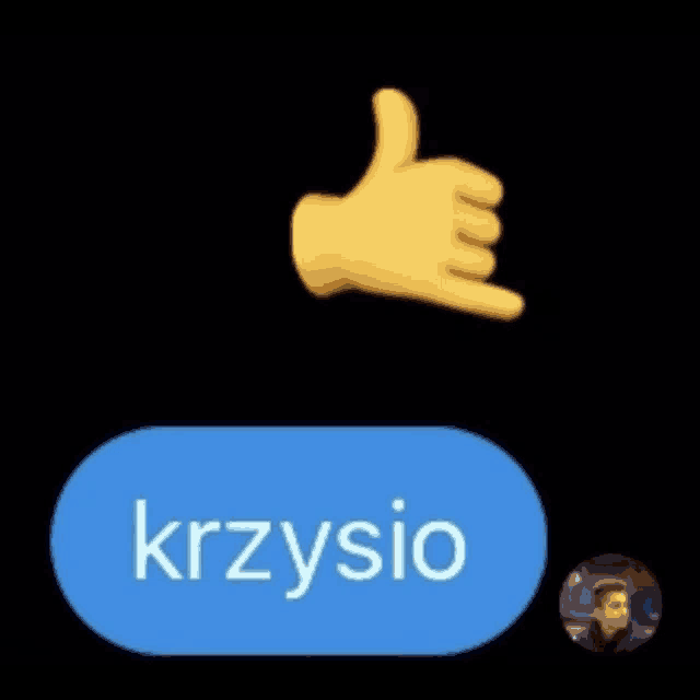 a yellow hand giving a thumbs up next to a blue button that says krzysio